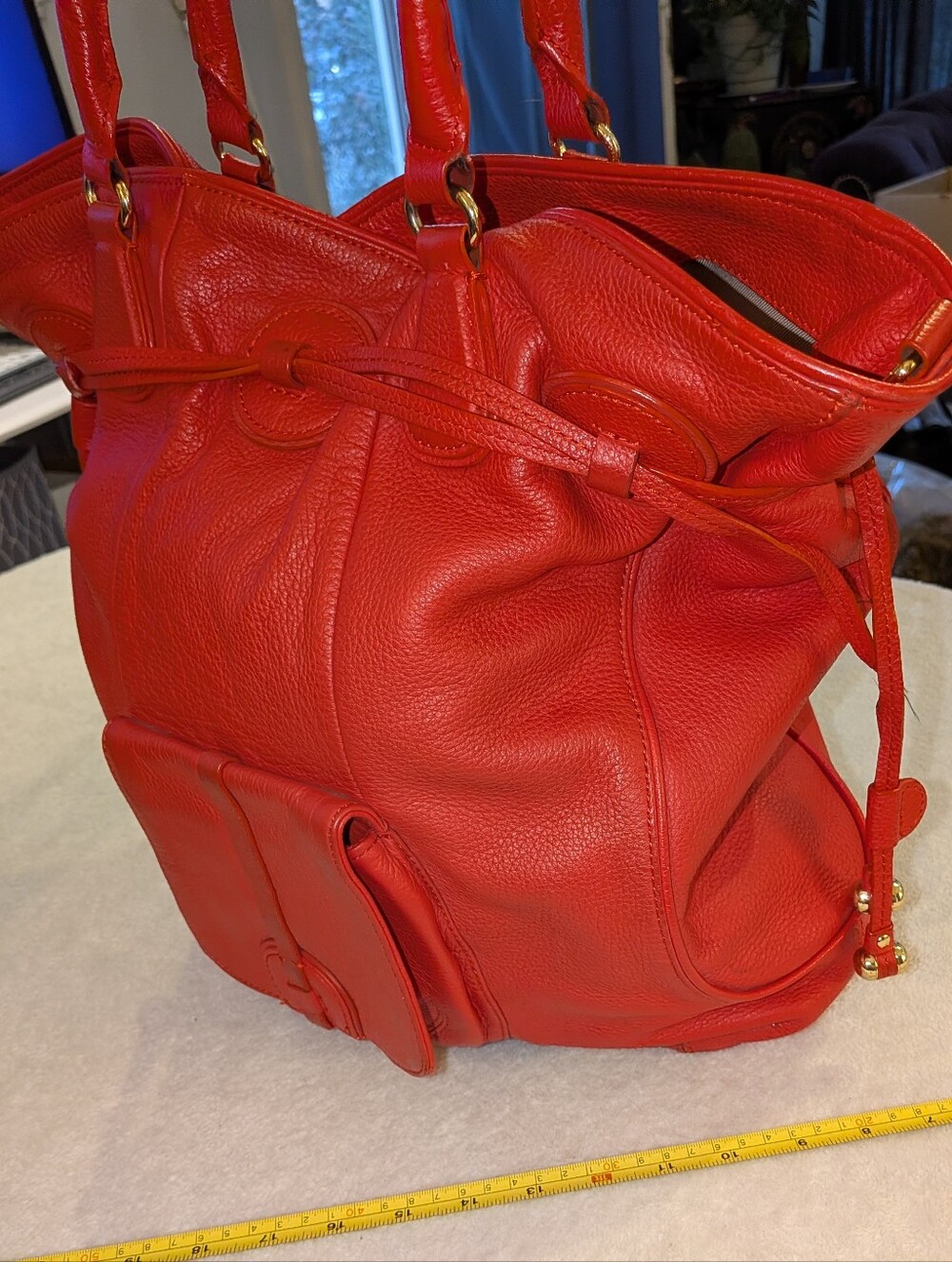 Isaac Mizrahi Live! Red Pebbled Leather Drawstring Tote Hobo Bag 17" Large Gold